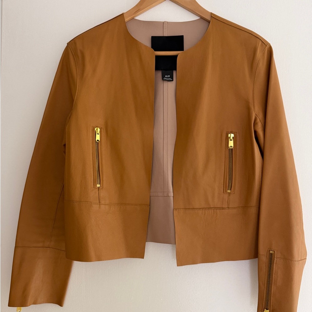 Club Monaco Camel Leather Jacket with Gold Accents